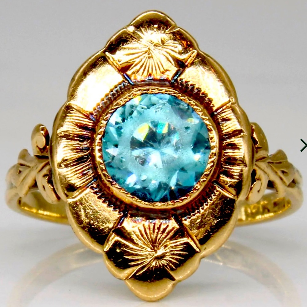 1930s Blue Zircon Cocktail 10k Yellow Gold Ring